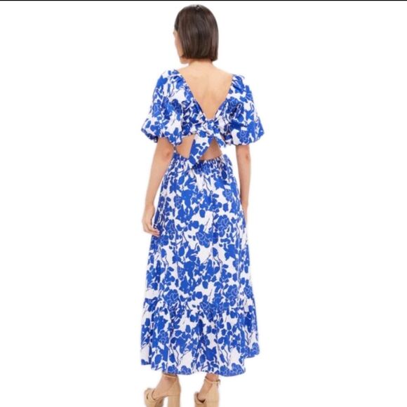 Hyacinth House Blue Seaport Tie Back Floral Midi Dress Cottagecore L - Picture 2 of 11